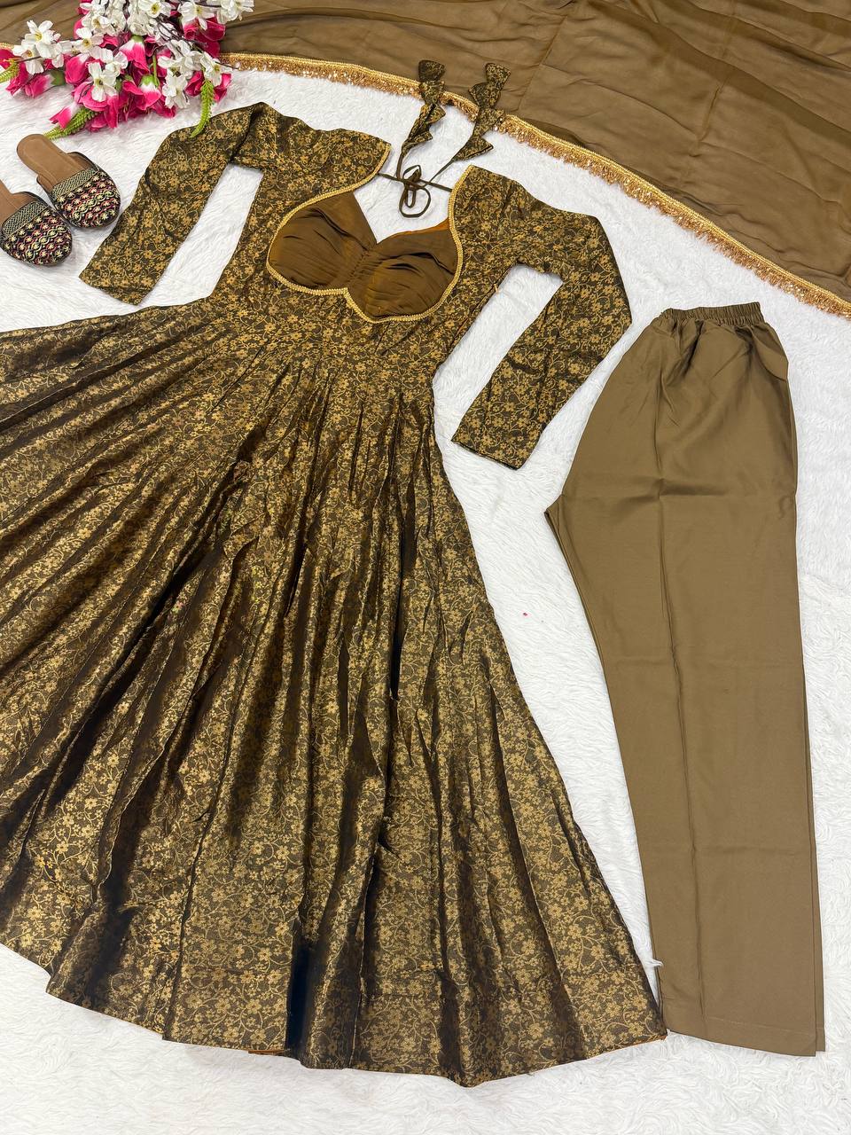 Opulent Mehendi Green Brocade Flared Anarkali Suit Set Featuring a Ruched Sweetheart Neckline, Woven Floral Motifs, and an Elegant Tie-Up Back